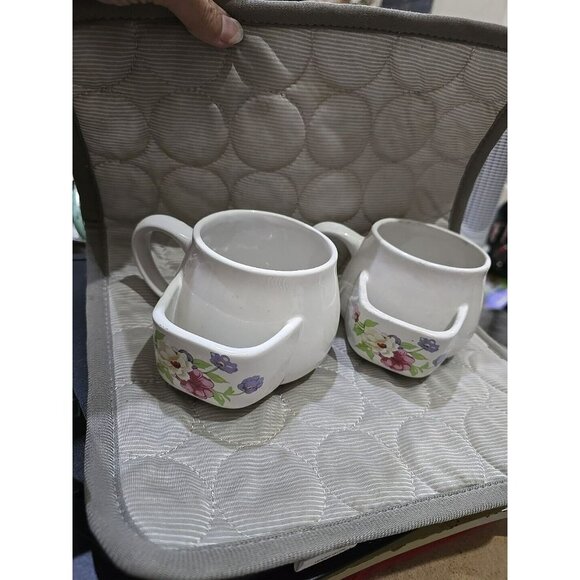 Coffee Tea Cup Mug Biscotti Tea Bag Holder Pocket White Floral Taiwan Vintage - Picture 2 of 9